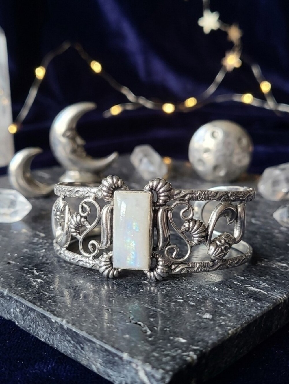 925 Sterling Silver Rainbow Moonstone Filigree Cuff Bracelet Iridescent Bohemian - Picture 5 of 15